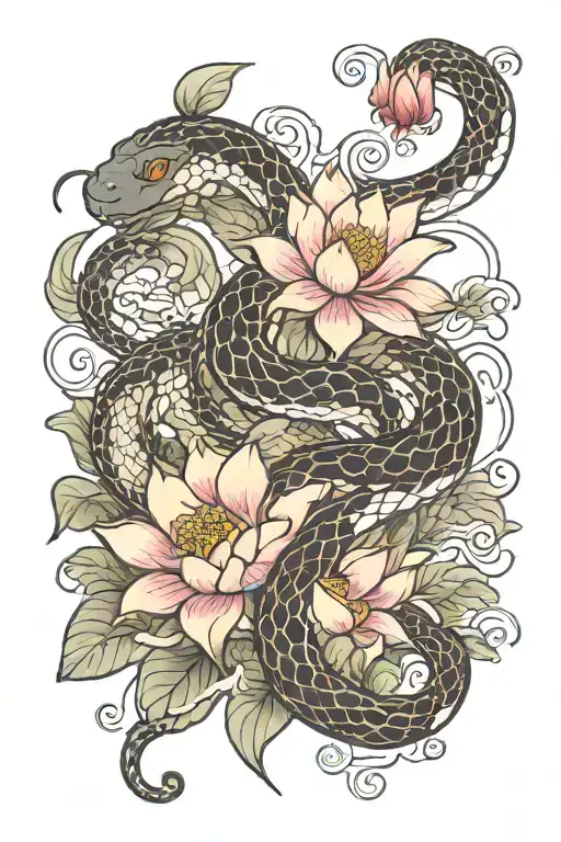 Chinese Snake And Lotus Flower Blooming