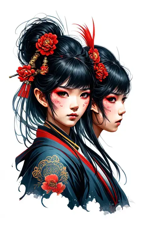 Three Faces Merged Together Samurai Girl