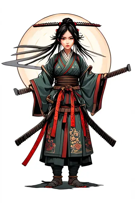 Samurai Girl Wearing Traditional Clothes With Two Saws