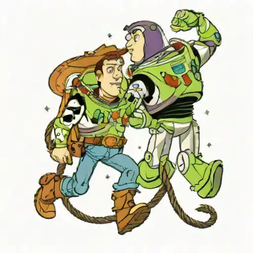 Buzz And Woody Facing Each Other Holding On To A Rope Infinite With Space Behind Them