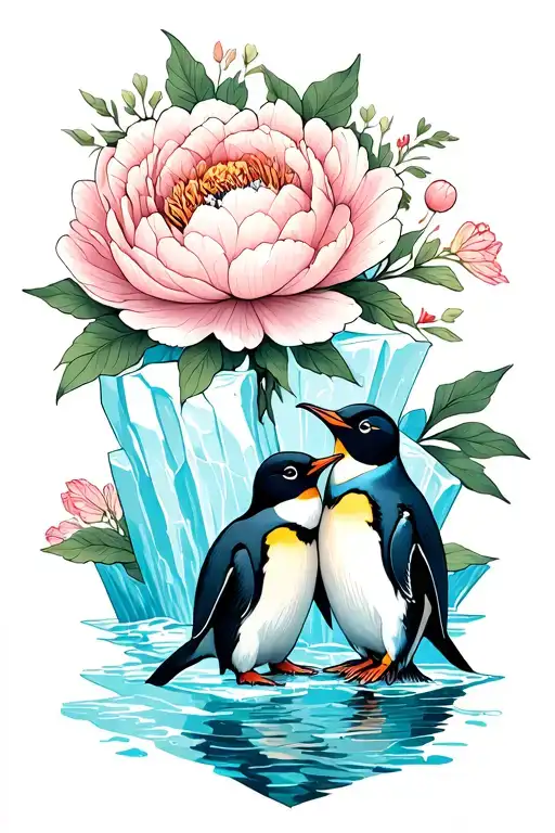 Pair Penguins In Love Under Long Stem Peony On Iceberg