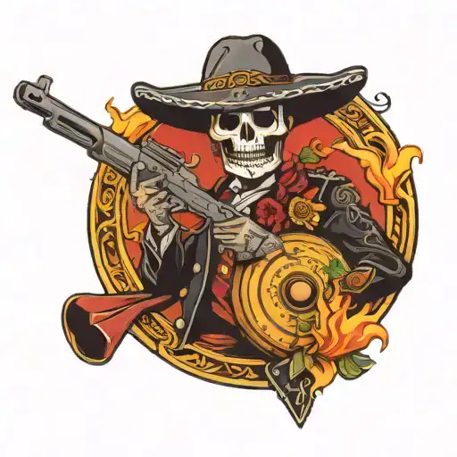 Dead Mariachi Holding Gun With Fire Around Him