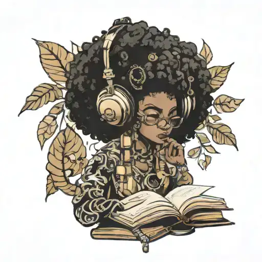 Black Gaia With Afro Headphones Looking At A Book