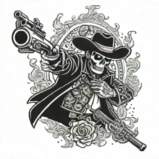 Chicano Style Dead Mariachi Holding Gun With Fire All Around Him