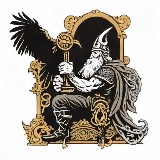 Odin With Thor's Hammer And The Ravens