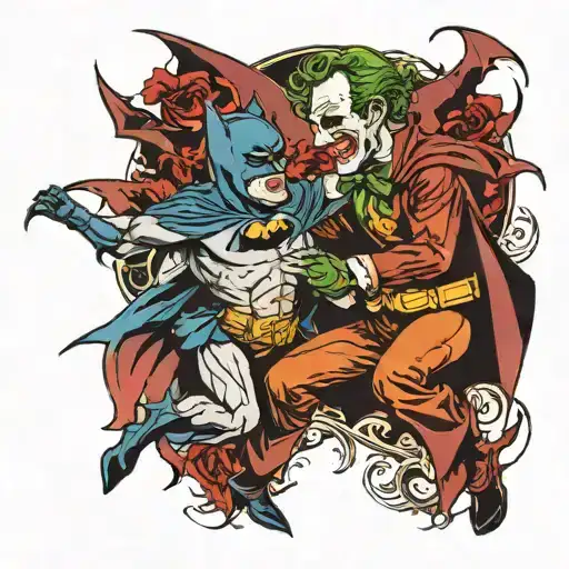 A Neotraditional Tattoo Of Batman And The Joker Engaged In An Epic Battle