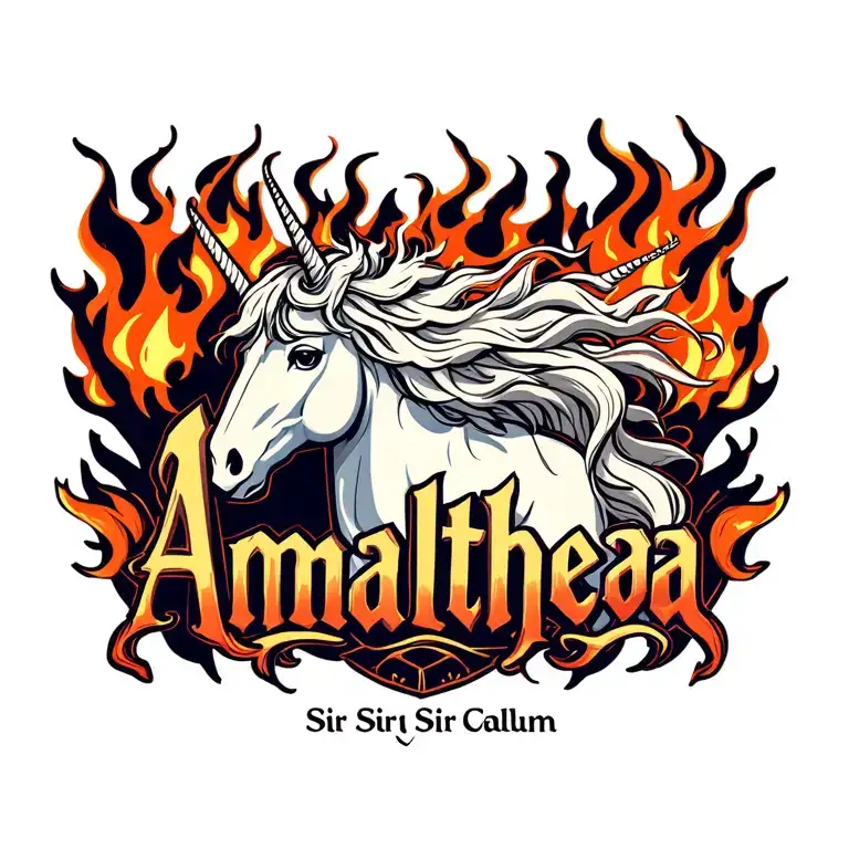 Name Amalthea Above A Unicorn Head In Flames And Below The Words Marked By Sir Callum