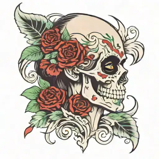 Half Skull With Girl With Green And Red Eyes Surrounded