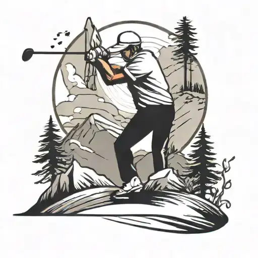 A Minimalist Design Of A Golfer Swinging A Club On A Serene Mountain Backdrop