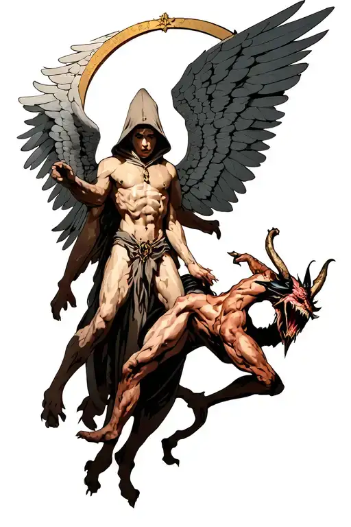 Hooded Arch Angel Defeating A Demon