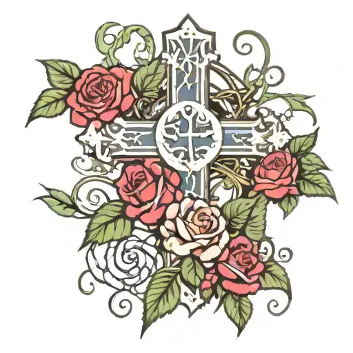 Christian Cross Wrapped In Thorn Vines Blooming Roses
