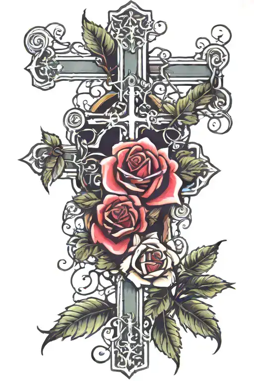 Christian Cross Wrapped In Thorn Vines Blooming Roses