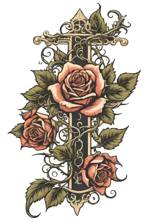 Christian Cross Wrapped In Thorn Vines Blooming Roses