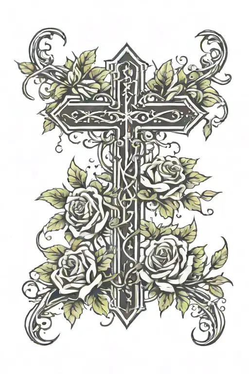 Christian Cross Wrapped In Thorn Vines Blooming Roses