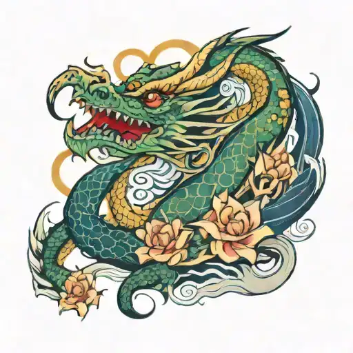 Dragon With Flowers And Waves And Moon