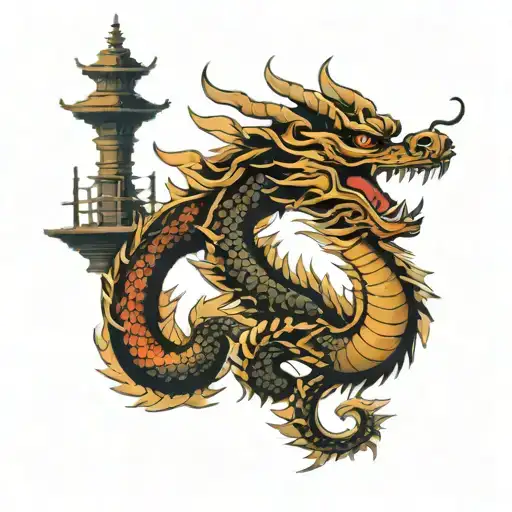 Japanese Dragon And Pagoda