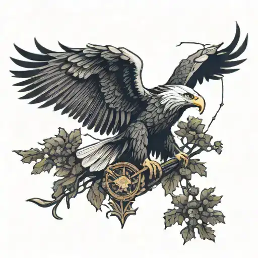 A Broken Roman Eagle Standard Above A Dark Dense Forrest With People Hanging From The Trees