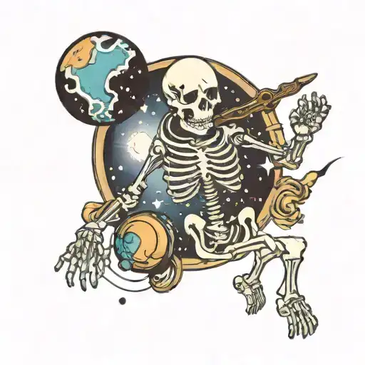 Skeleton In Space With Globe And Spaceman
