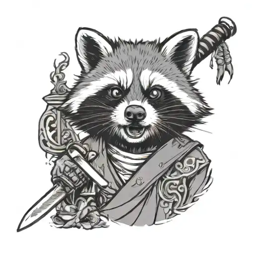 A Raccoon With A Scar On His Left Eye Holds A Samurai Sword In His Teeth