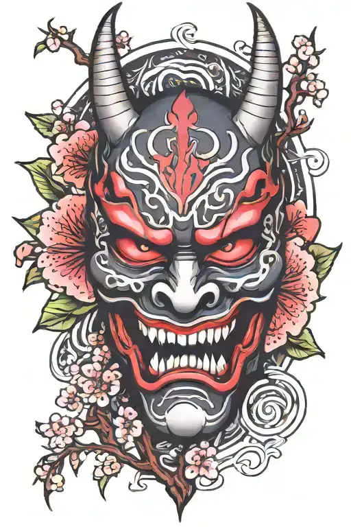 Half Oni Mask With Cherry Blossom Tree
