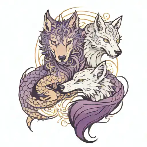 One Wolf Male And One Dragon Female Embracing With A Celiac Not In Black And Purple Color