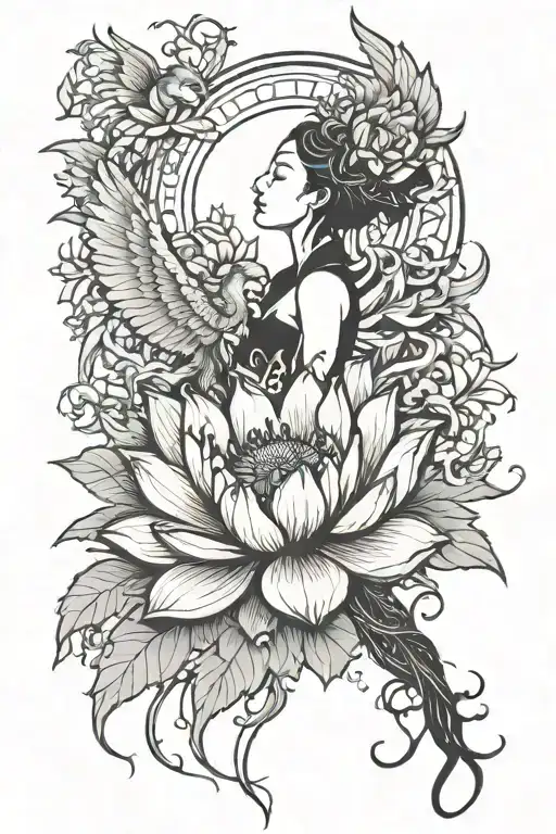 Bloomed Lotus Flower With Phoenix Rising From Ashes Of A Silhouette Black Girl