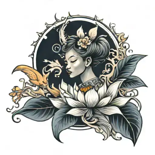 Bloomed Lotus Flower With Phoenix Flying Put Of A Silhouette Black Girl