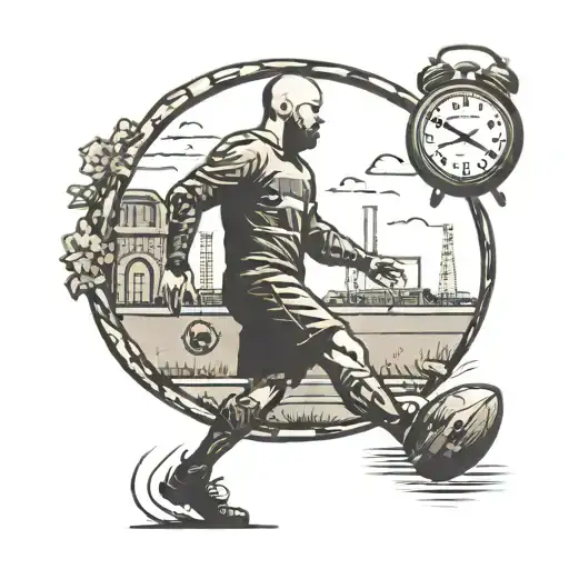 Footbal Field With Clock And Person Walking With Bal