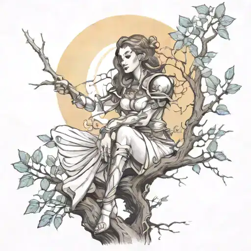 Woman Sitting On Branches With Sun Shining Armor Holding