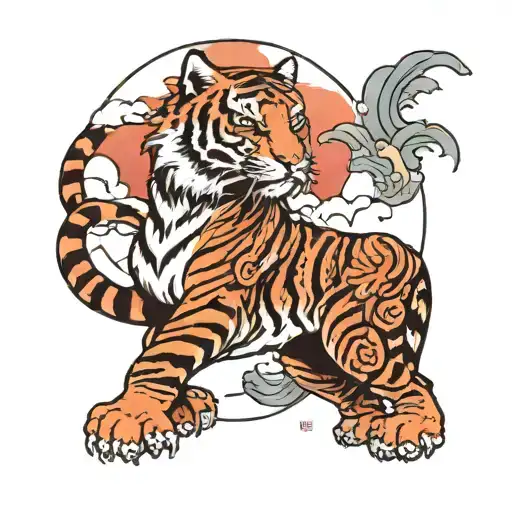 Tiger And Japanese Red Sun Rising