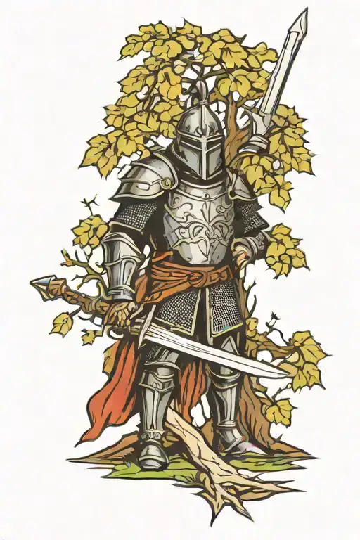 Medieval Knight Holding A Sword In Front Of A Big Tree