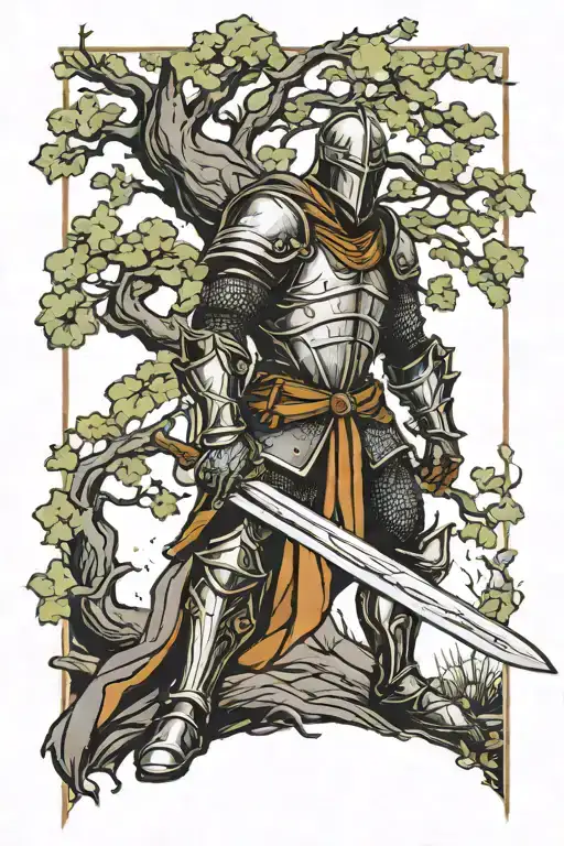 Medieval Knight Holding A Sword In Front Of A Big Tree That Looks Like Thunder