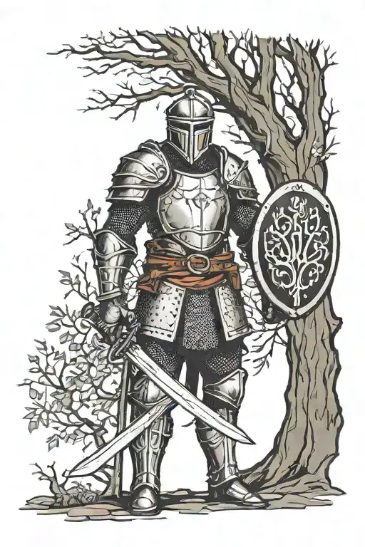 Medieval Knight Standing In Front Of A Big And Dark Tree With A Sword And A Shield In His Hands