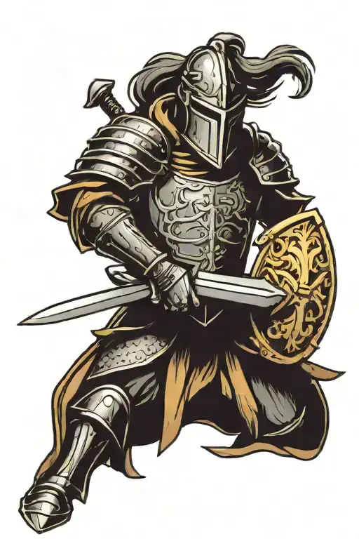 Medieval Knight With A Sword And A Shield In His Hands In A Dark Setting
