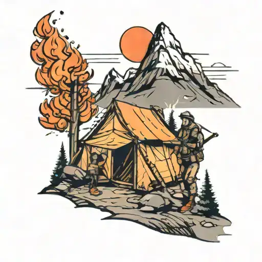 Id Like A Small Tattoo Featuring 3 Guys Walking On A Mountain And A Tent And Fire By Their Side