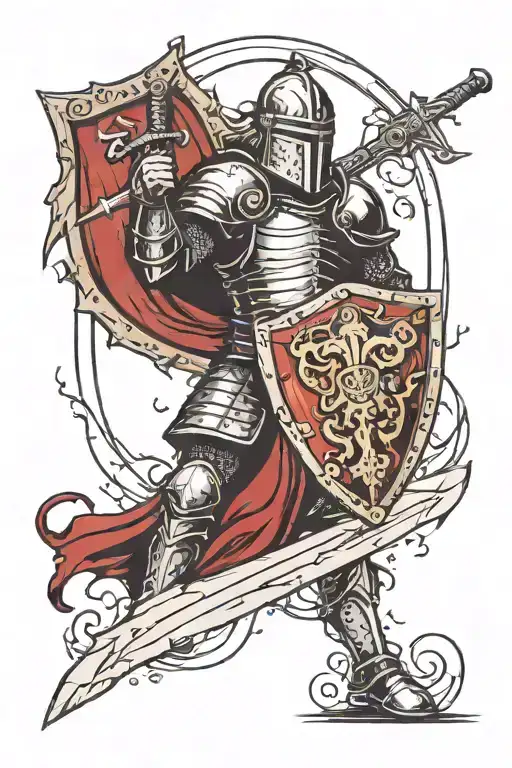 Medieval Knight Holding A Sword And A Shield In His Hands With Thunder In The Background
