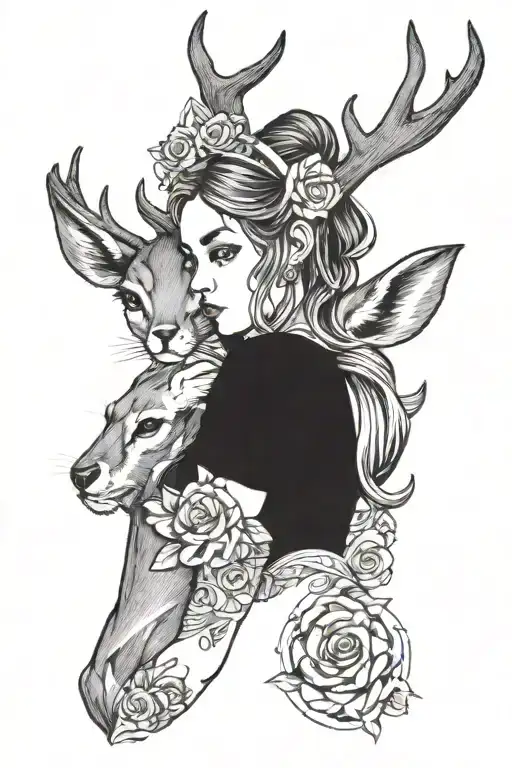 Girl With Cat Ears Hugging A Deer