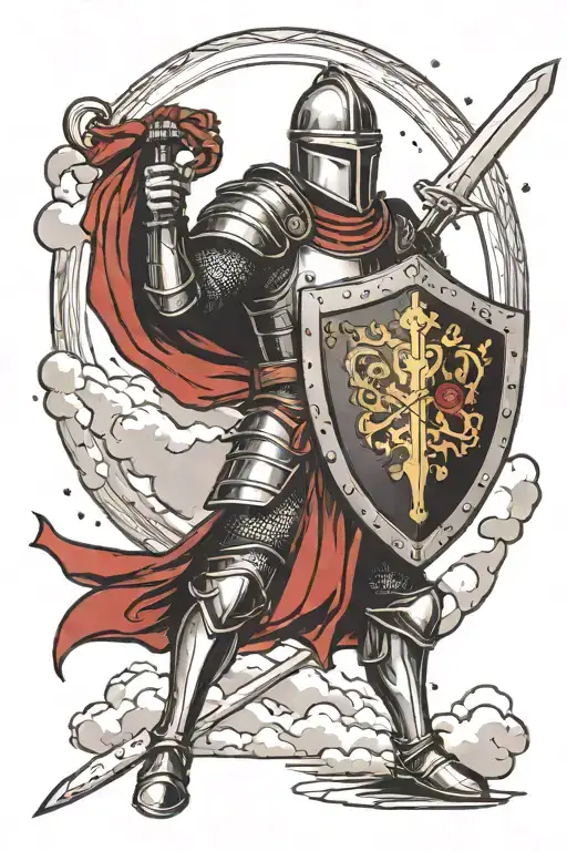 Medieval Knight Holding A Sword And A Shield In His Hands With Flashes In The Sky In The Background