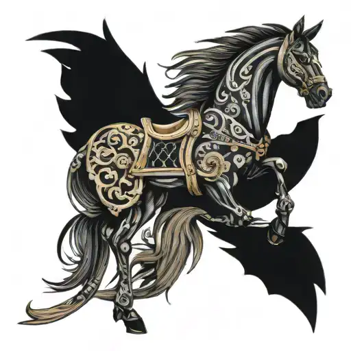 A Black Hobby Horse Wher The Head Is On The Chest And The Shaft Runs Down The Arm