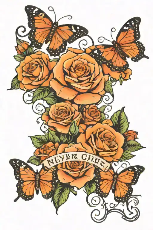 Never Give Up Quote With Roses And Butterflies Arm