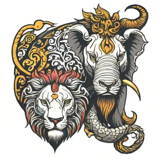 Fierce Elephant And Lion Head
