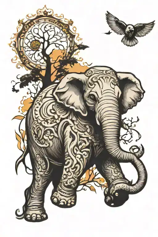 Elephant Walking Towards And Owl Flying