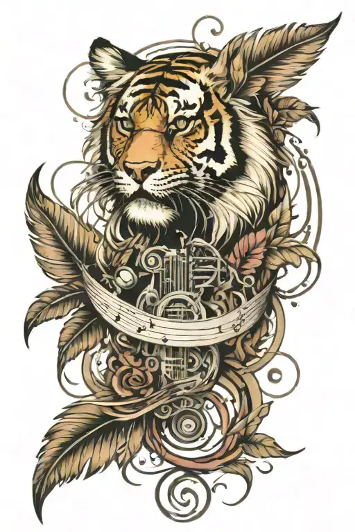 Feather Music Note Intertwined Tiger Surrounded