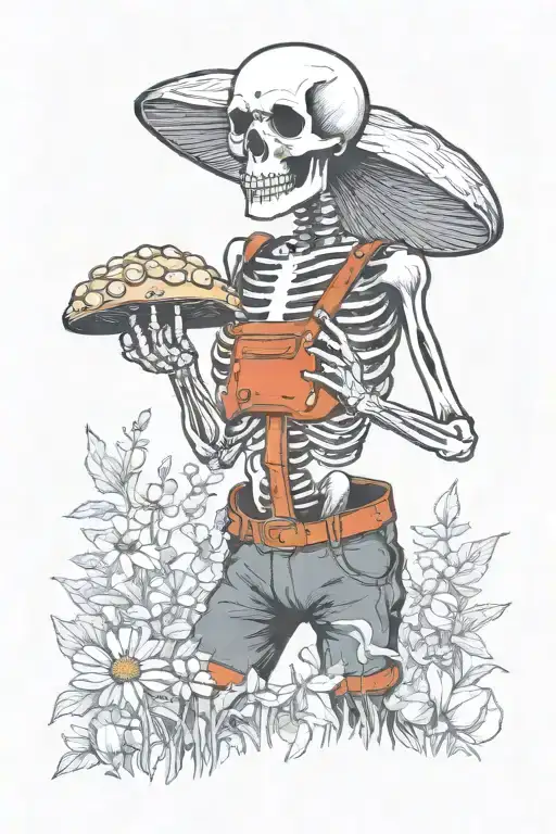 Skeleton Wearing Jean Bib Overalls Standing In Wild Flowers And Mushrooms
