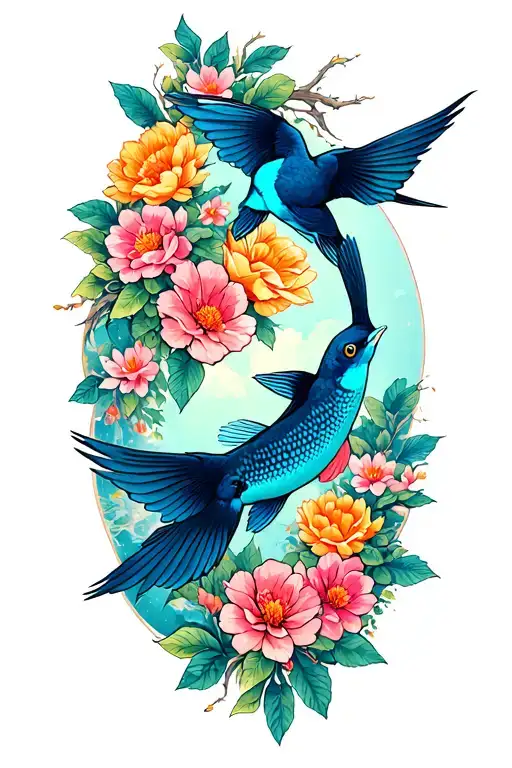 Tree Birds Flying Away Flowers Surrounding Pisces Fish