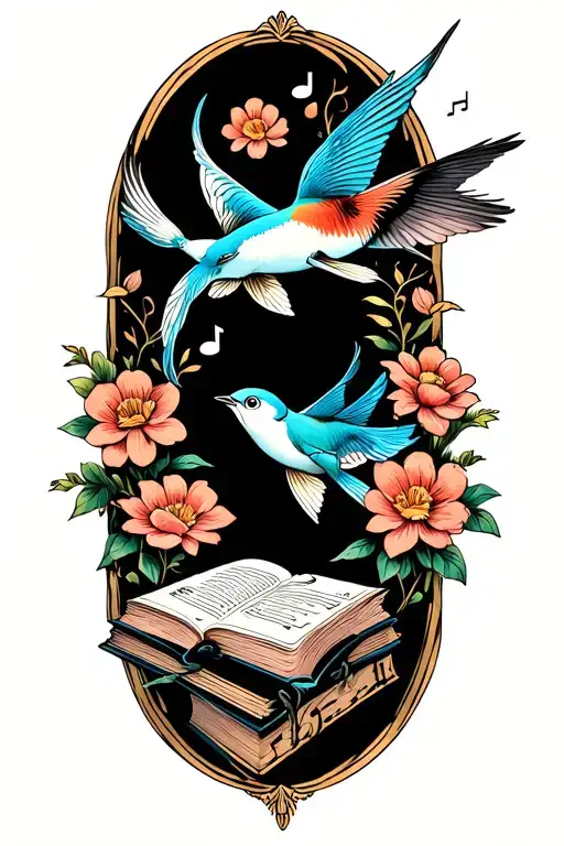 Tree Birds Flying Away Flowers Surrounding Pisces Fish With Musical Notes And Books