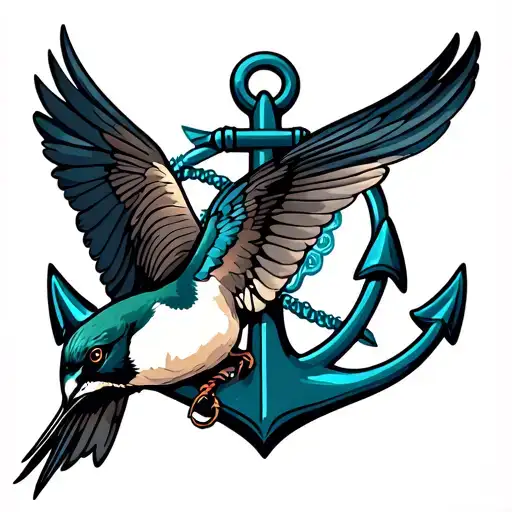 Swallow In Flight In Front Of An Anchor
