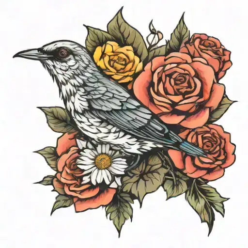Bird With Roses And Cosmos And Narcissus Flowers