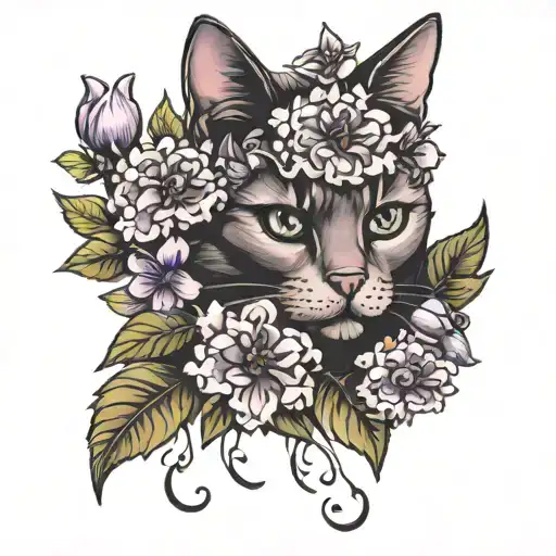 Shoulder Tattoo Of A Cat Paw And Lilac Flowers