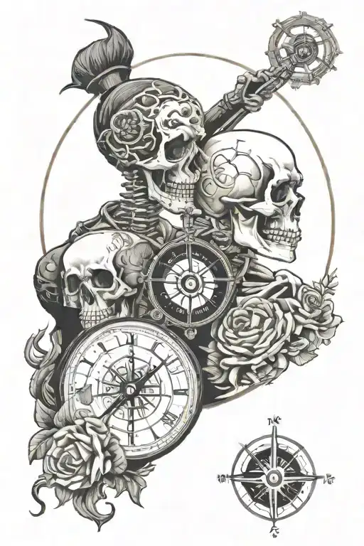 Death Holding A Hour Glass Over A Man And Woman Skull Kissing Over A Compass With Yin And Yang